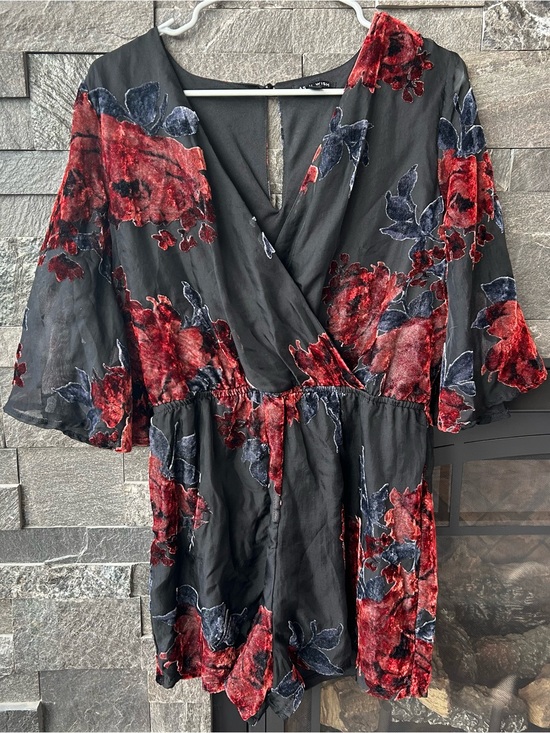 As U Wish Pants - As U Wish Black Romper with Velvet Floral Burnout Pattern